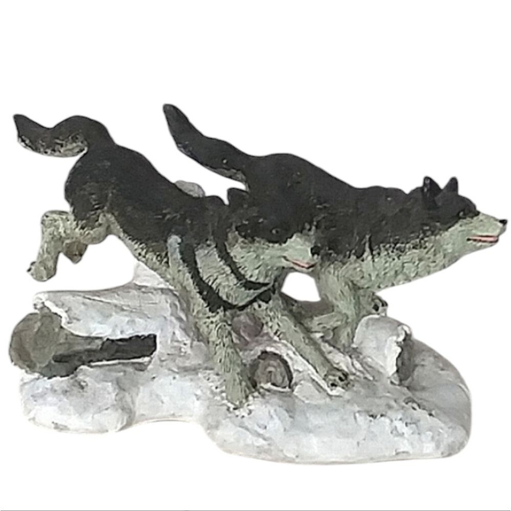 Wolves Statue Hand Painted Art Happy Running Wolf Plaster Look Gift 7" X…